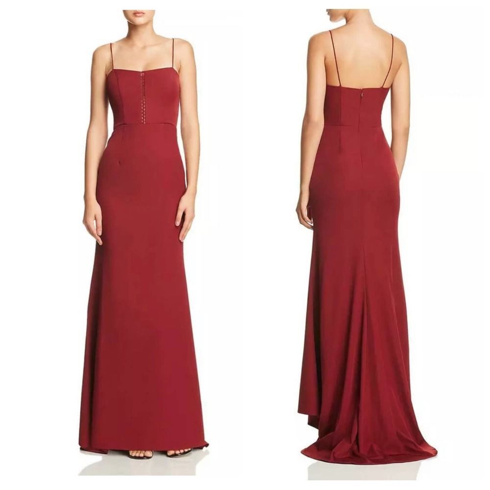 Jarlo Wine Red Formal Wedding Guest Maxi Dress with Train High Low Fluted Gown